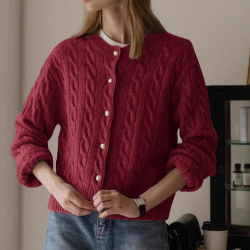 Damen eleganter Strickcardigan mit ausgefallenem Zopfmuster und dekorativen Knöpfen Drune