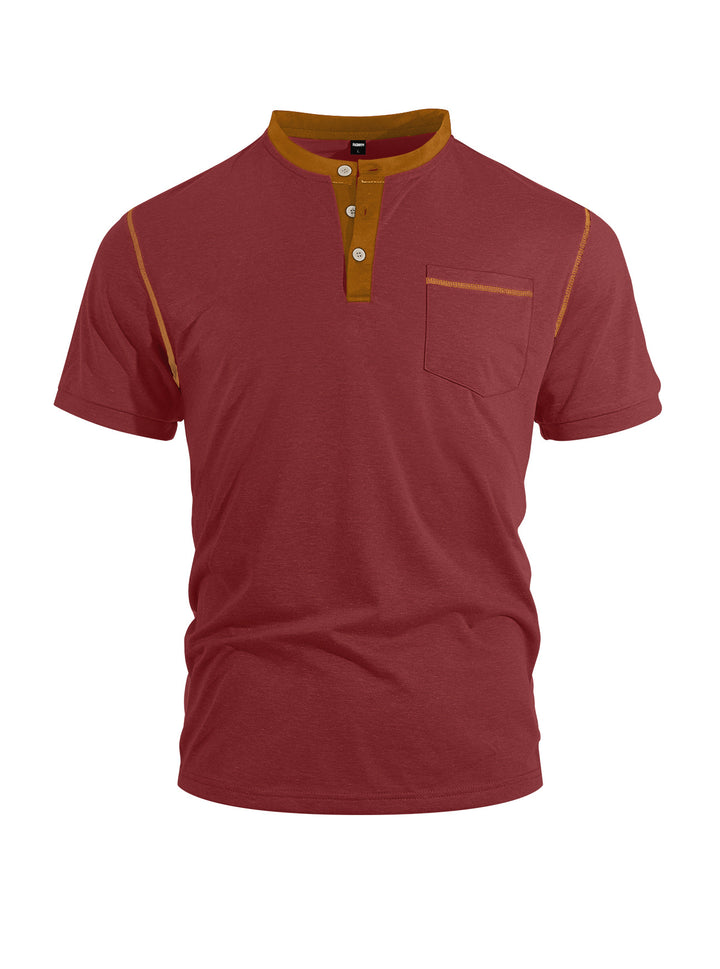 Herren nan legeres Kurzarm-Bandkragenshirt mit Knopfleiste Brusttasche und Flatlocknähten Drune