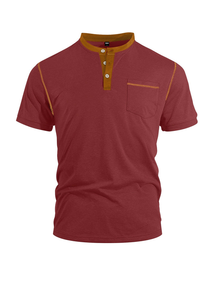 Herren nan legeres Kurzarm-Bandkragenshirt mit Knopfleiste Brusttasche und Flatlocknähten Drune