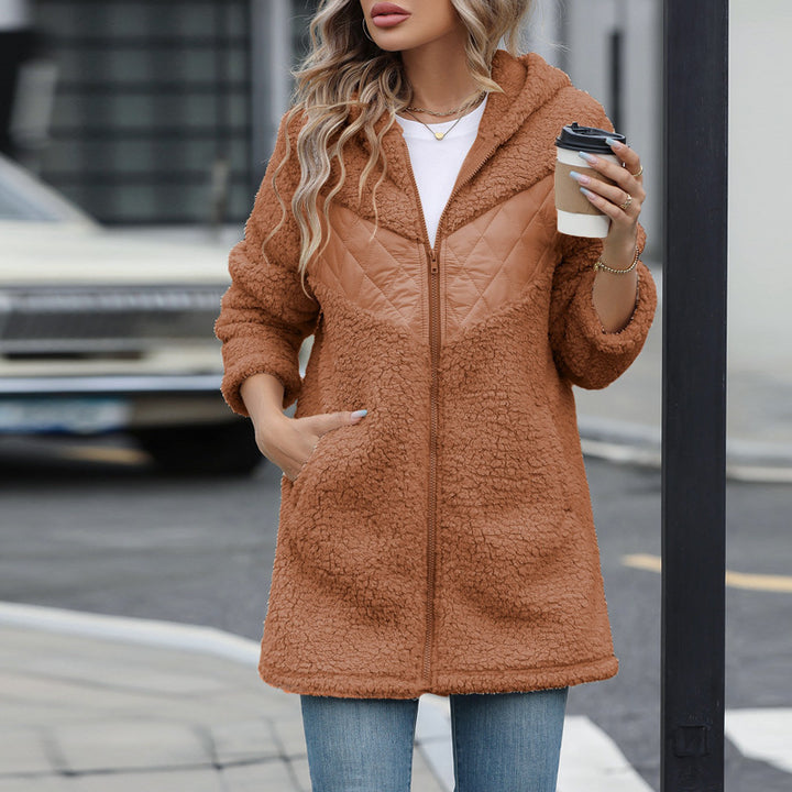 Damen Plüschige Oversize-Jacke mit Kapuze und Steppdetails Drune