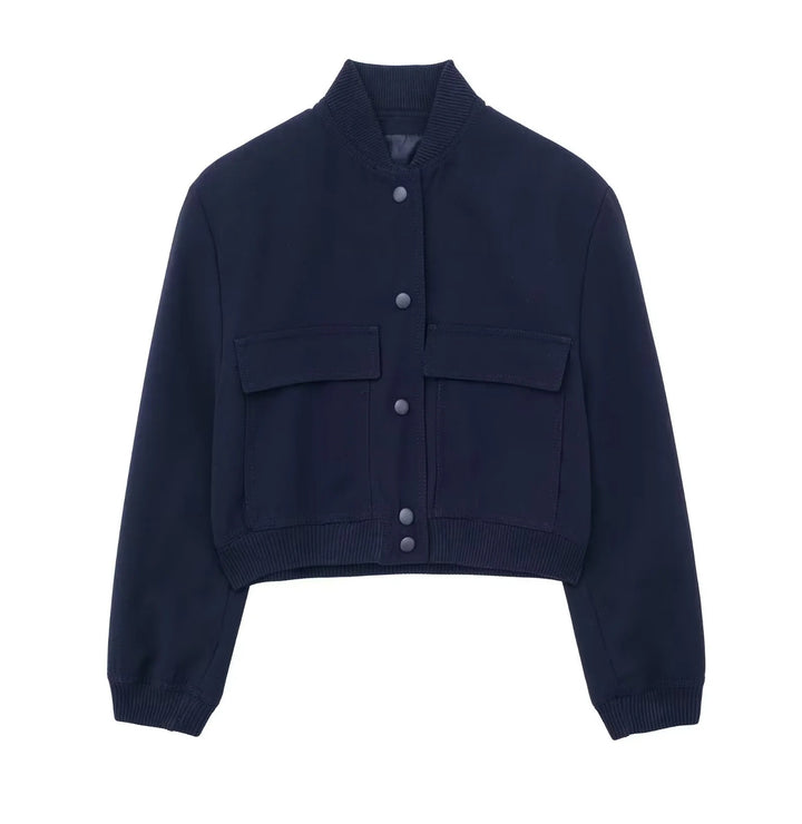 Damen Boxy-Cropped-Jacke im Worker-Look mit Pattentaschen und Rippkragen Drune