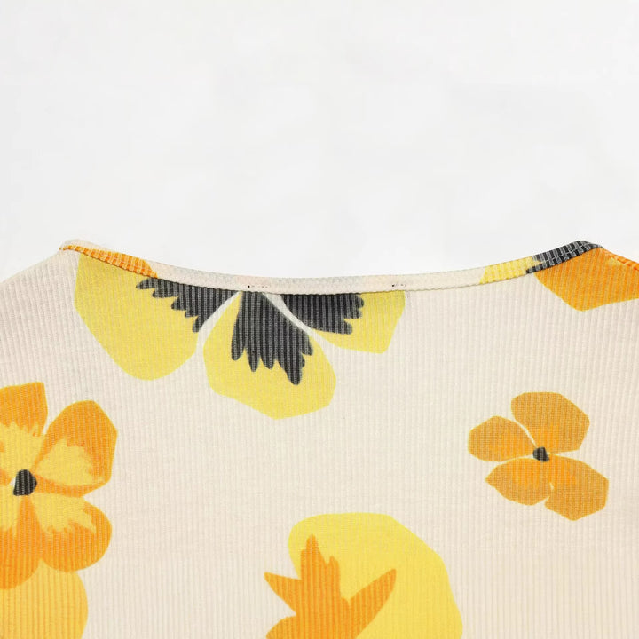 Damen Geblümte Cropped-Bluse mit V-Ausschnitt, Raffung und voluminösen Puffärmeln Drune