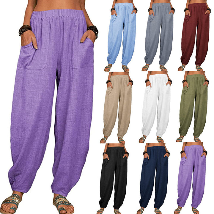 Damen nan lockere Leinenhose mit weitem Bein elastischem Bund und großen aufgesetzten Taschen Drune