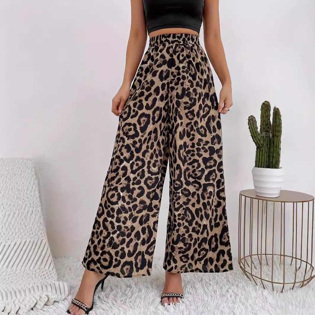 Damen Weite Leopard-Hosen aus fließendem Material mit elastischem Bund Drune
