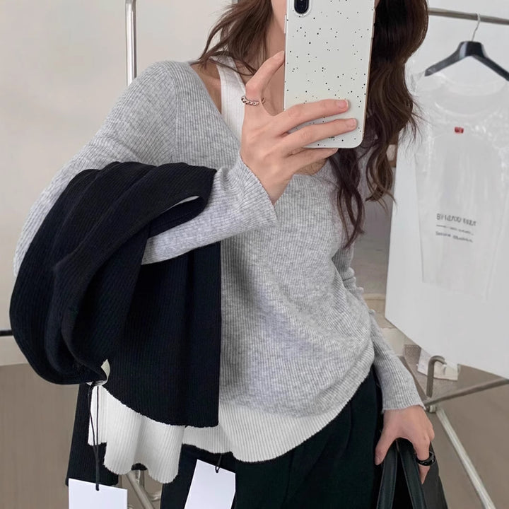 Damen lässiger V-Ausschnitt Strickpullover mit kontrastrierendem Saum Drune