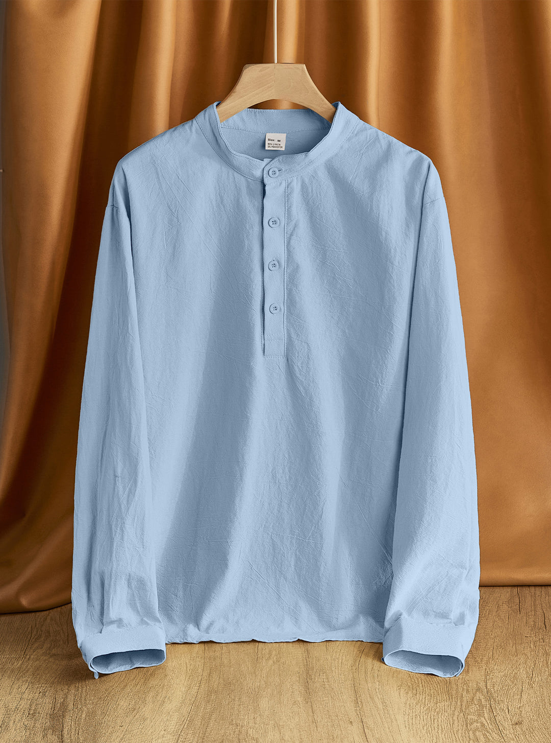 Herren Leinen-Mix Langarmshirt Henley mit Stehkragen Drune