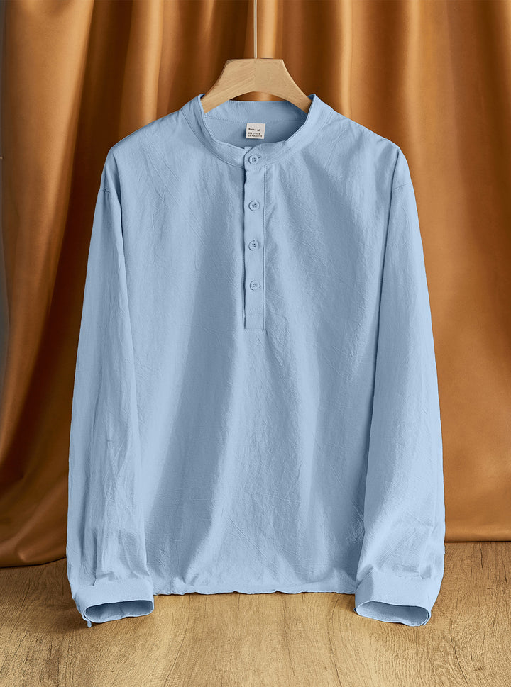 Herren Leinen-Mix Langarmshirt Henley mit Stehkragen Drune