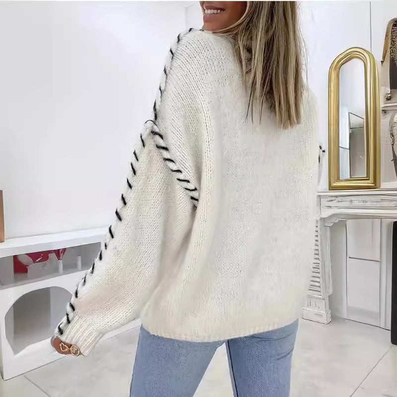 Damen Grobstrickpullover mit kontrastierenden Abschlüssen und lässigem Schnitt Drune