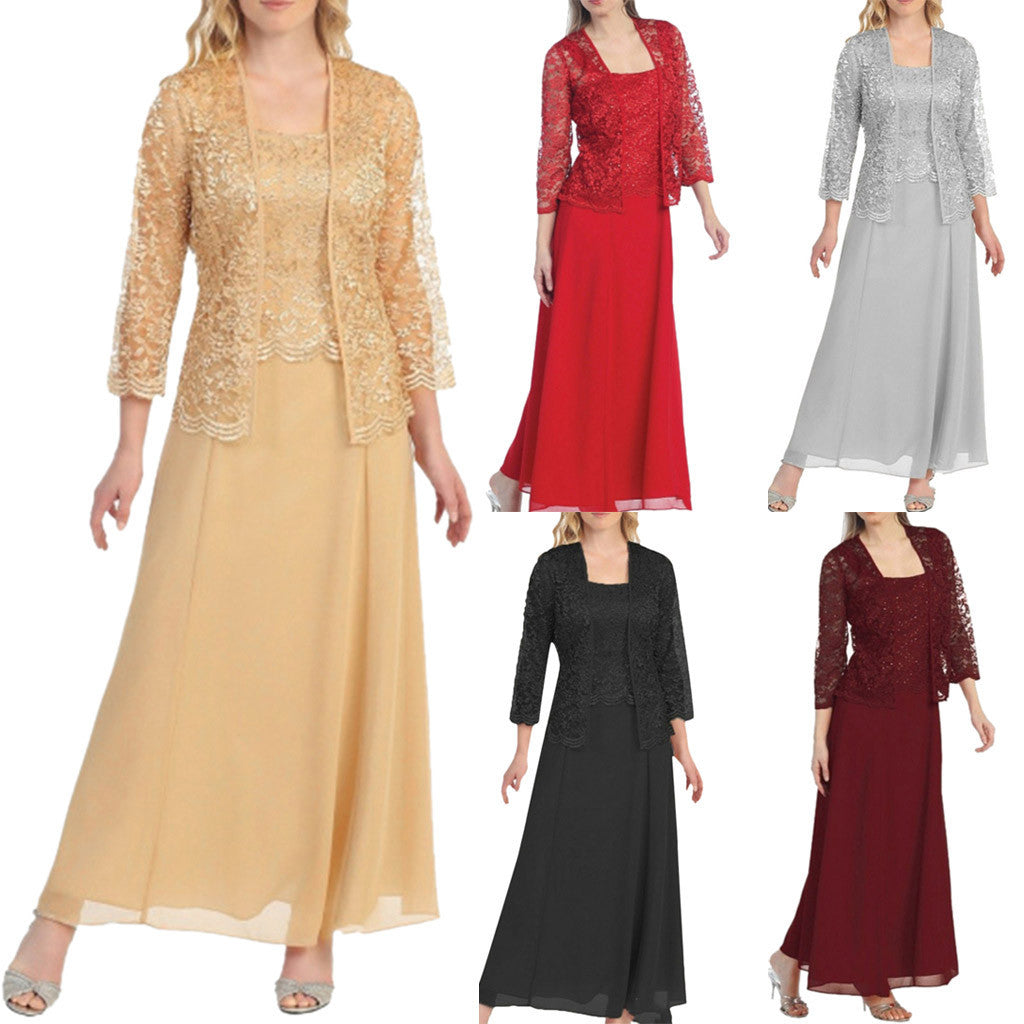Damen Elegantes Abend-Maxi-Kleid mit Spitzenbolero und tailliertem Unterkleid Drune