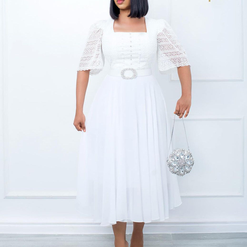Damen Maxikleid mit dekorativem Spitzenoberteil und Taillengürtel Drune