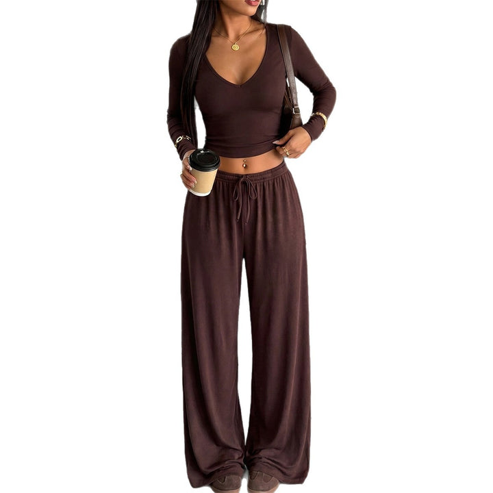 Damen nan elegantes Lounge-Set mit figurbetontem V-Ausschnitt Longsleeve und weiten Relax-Hosen Drune