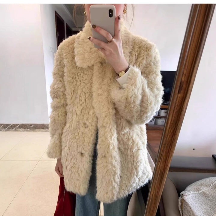Damen Kurzer Teddy-Kunstfellmantel mit vollem Kragen und kastiger Silhouette Drune