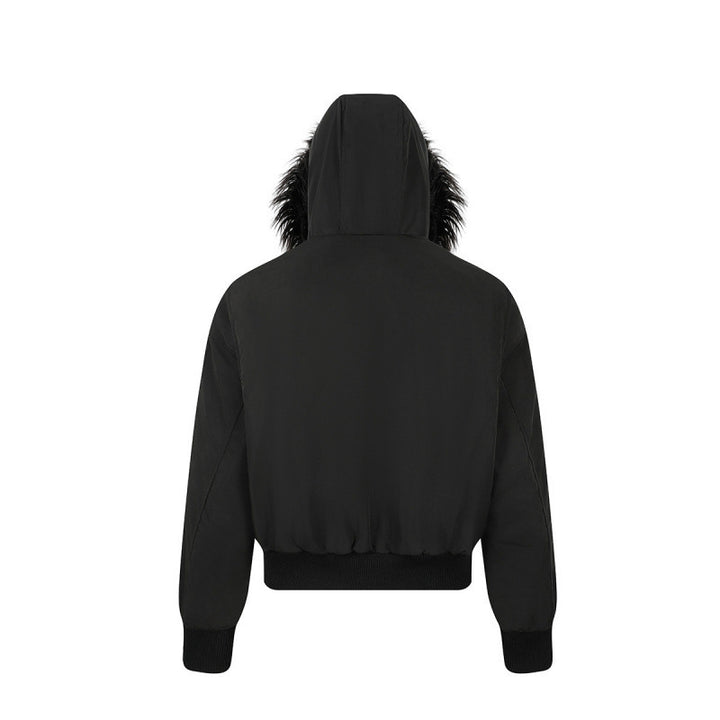 Damen Kurz geschnittene wattierte Bomberjacke mit Kunstfellkapuze und aufgesetzten Label‑Patches Drune