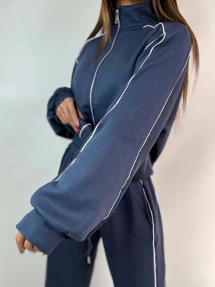 Damen sportliches Trainingsset mit stylischem Reißverschluss und modernem Streifenmuster Drune