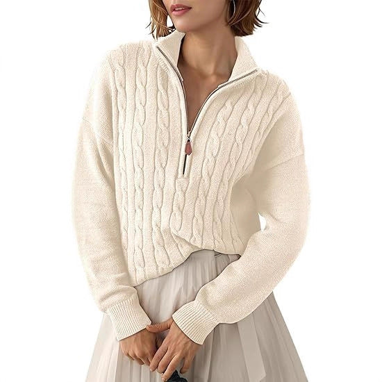 Damen Grobstrick Pullover mit Stehkragen und halbem Reißverschluss Drune