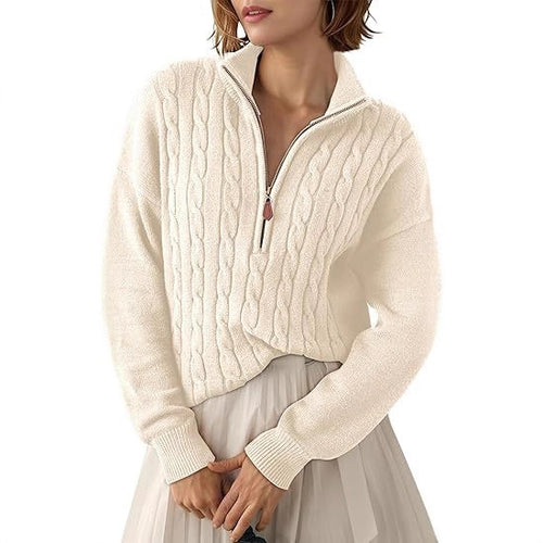 Damen Grobstrick Pullover mit Stehkragen und halbem Reißverschluss Drune