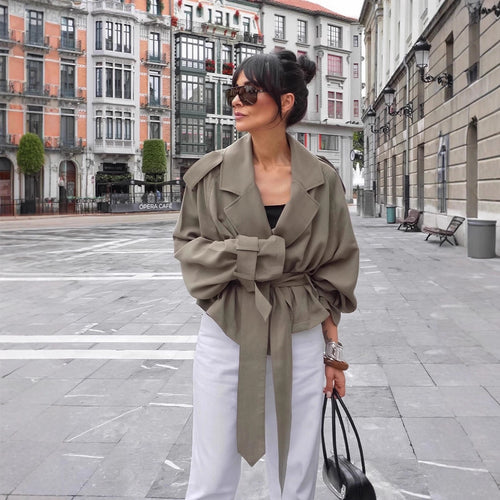 Damen Oversized Trenchcoat mit tailliertem Gürtel und voluminösen Ärmeln Drune