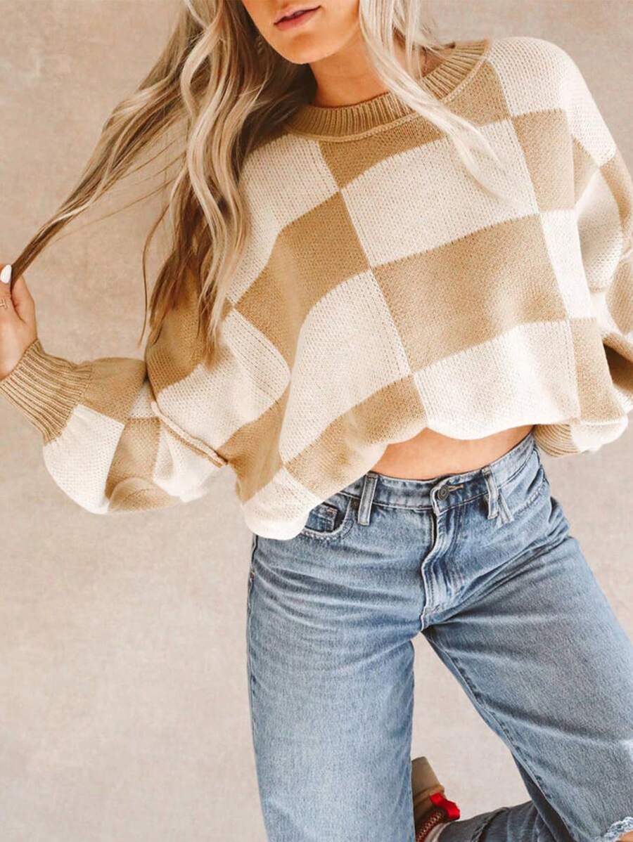 Damen lässiger pullover mit Karo-Muster und weiten Ärmeln Drune
