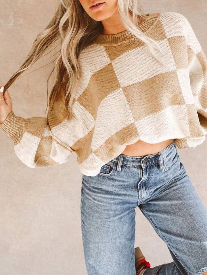 Damen lässiger pullover mit Karo-Muster und weiten Ärmeln Drune