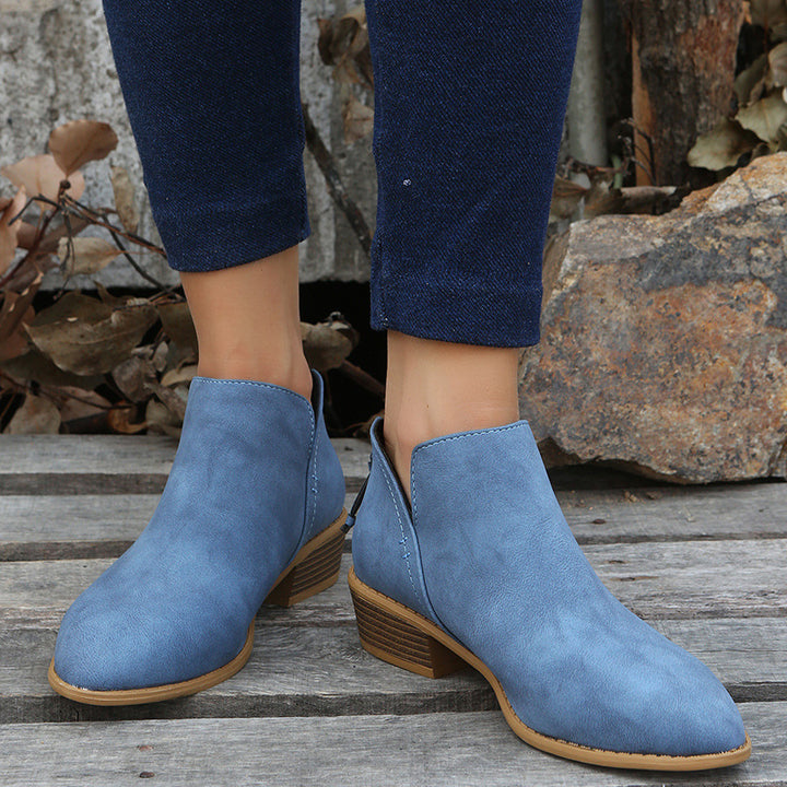 Damen Metallic-Ankleboots mit spitzer Kappe, Rückreißverschluss und niedrigem Blockabsatz Drune