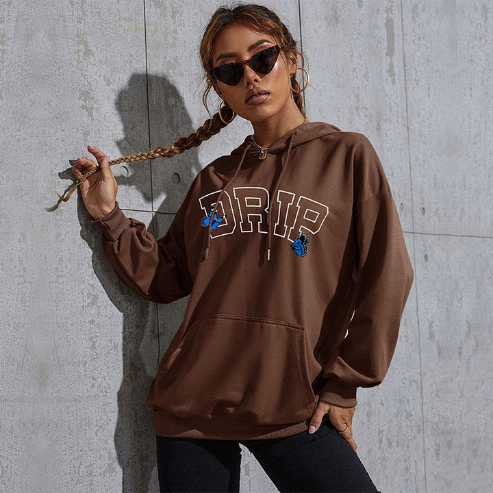 Damen Oversize-Kapuzenpullover mit Kängurutasche und Schmetterling-Stickerei Drune