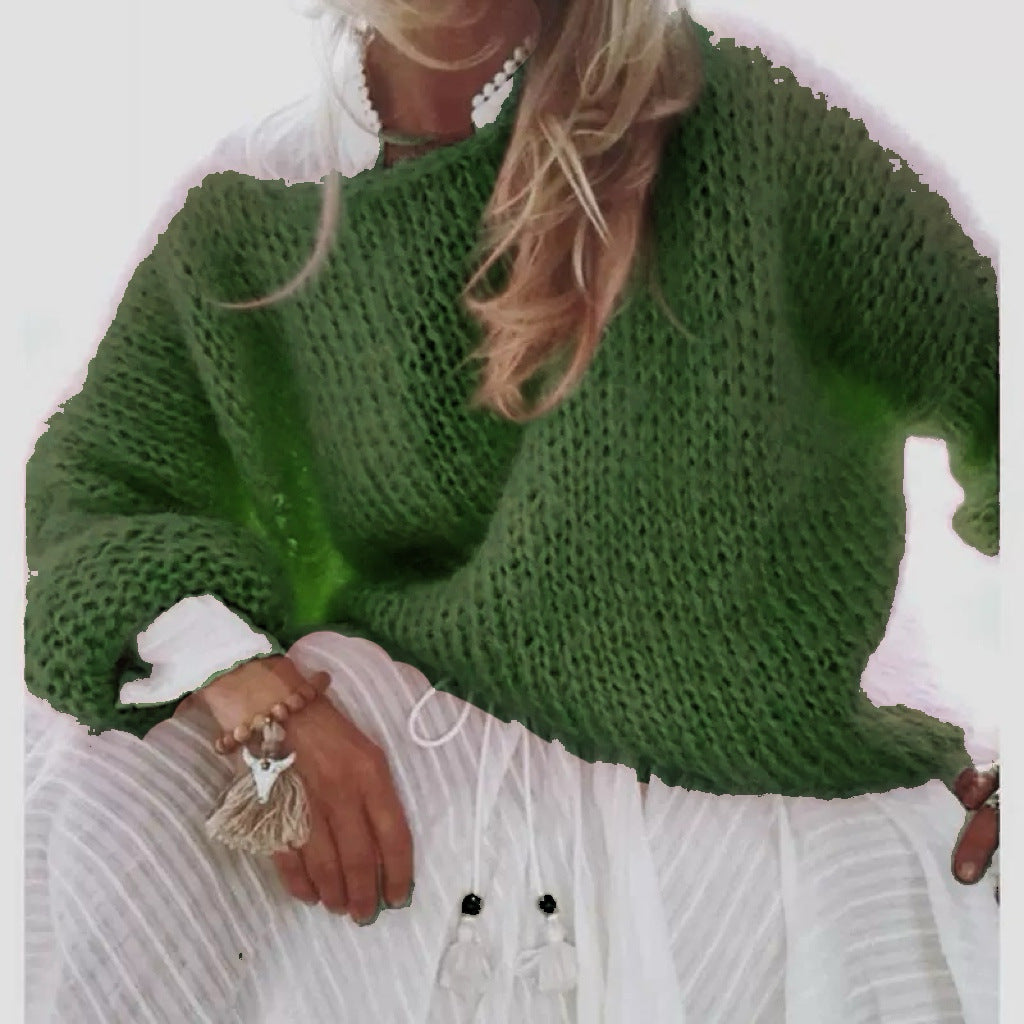 Damen Kurzgeschnitteter flauschiger Grobstrickpullover mit überschnittener Schulter Drune