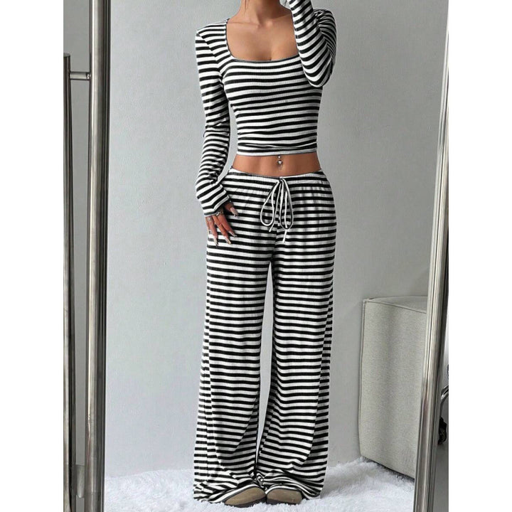 Damen Gestreifter Lounge-Zweiteiler mit weitem Bein und Cropped Langarmtop Drune