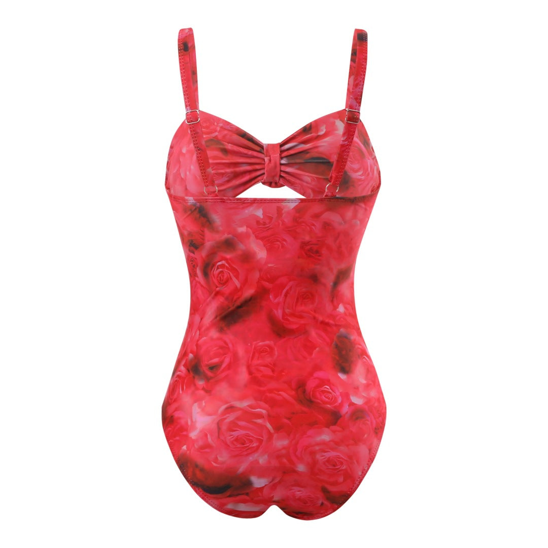 Damen Einteiler Badeanzug mit floralem Design und transparentem Überrock Drune