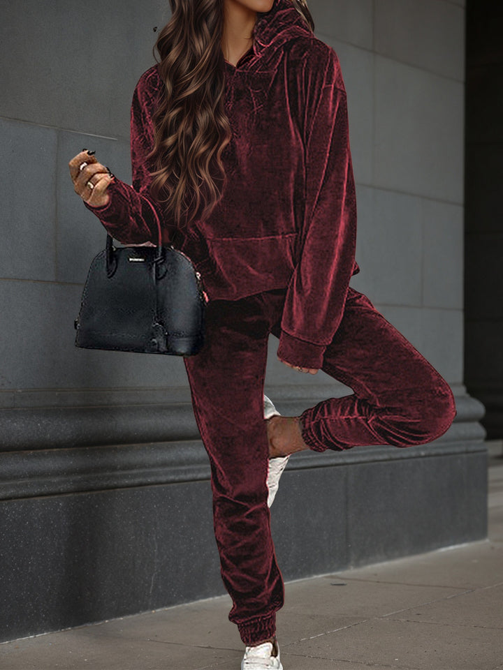 Damen Samt-Jogginganzug mit Kapuzenhoodie, Kängurutasche und elastischer Bündchenhose Drune