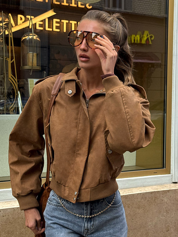 Damen Kurz geschnittene Bomberjacke aus Velourslederoptik mit Rippbündchen Drune