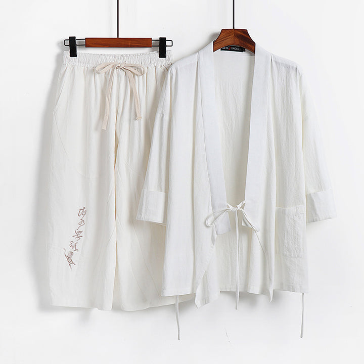Unisex Leichtes Kimono-Loungewear-Set aus Baumwoll-Leinen mit bestickter Haremshose und Bindegürtel Drune