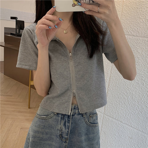 Damen Cropped Poloshirt mit Reißverschluss und strukturierter Textur Drune