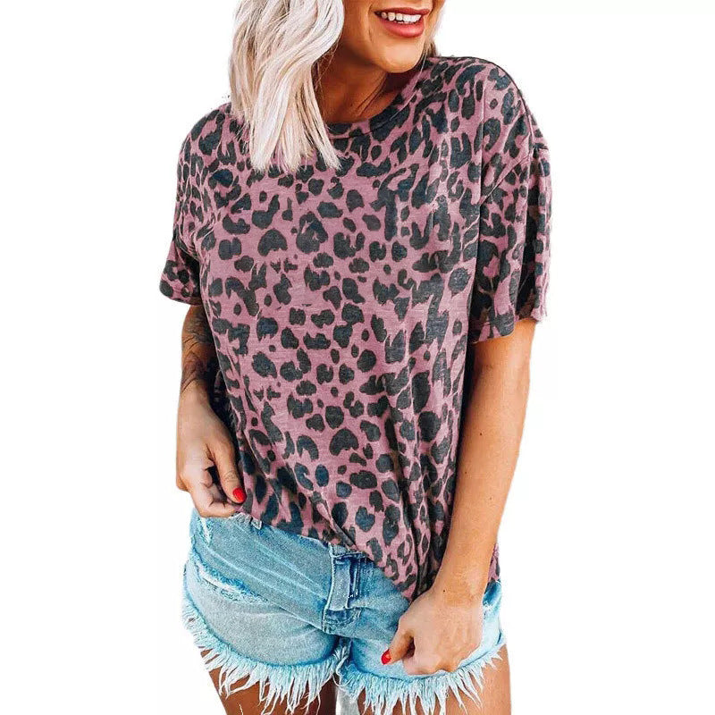 Damen lässiges Leoprint T-Shirt mit weichem Stoff und lockerer Passform Drune
