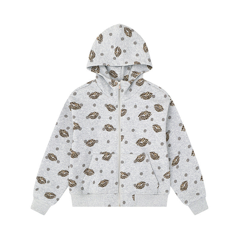 Damen Reißverschluss-Hoodie im Casual-Look mit Lippen‑Motiv und Punktmuster Drune