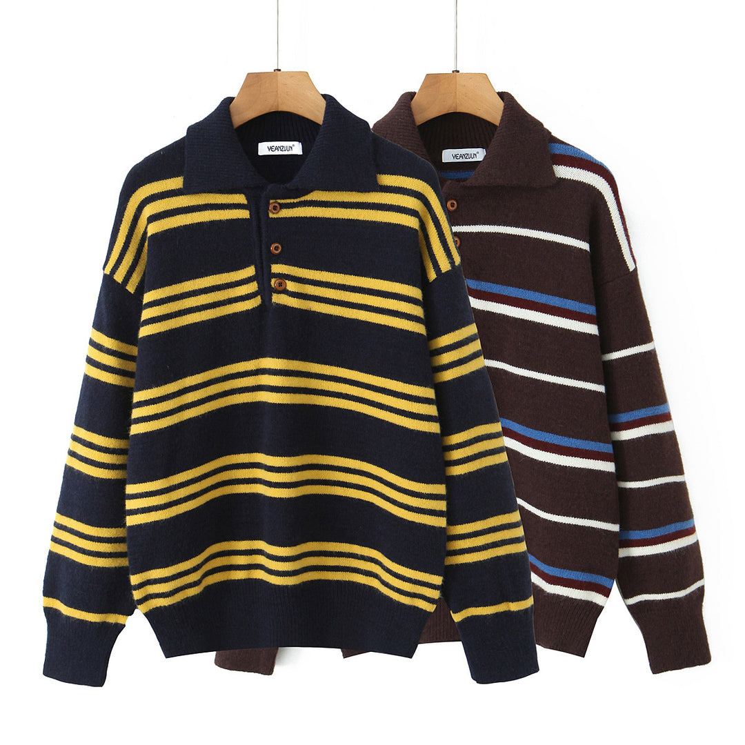 Damen gestreifter Poloshirt-Strickpullover Drune