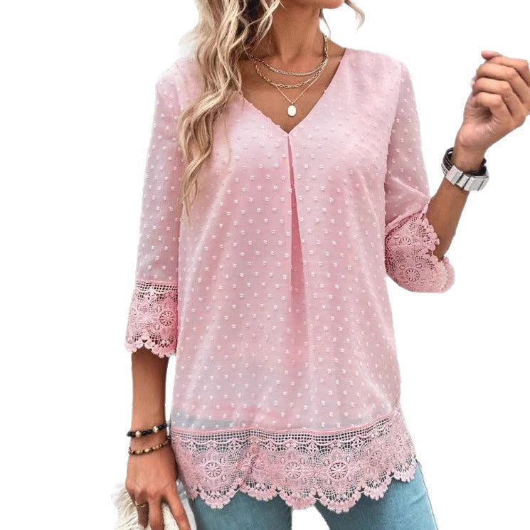 Damen nan transparente Chiffonbluse mit Pünktchenstruktur, Spitzenbesatz, V-Ausschnitt und dreiviertelärmeln Drune