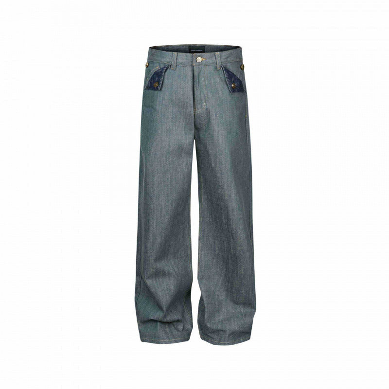 Damen Weite High‑Waist Jeanshose mit aufgesetzten Klappen‑Taschen und weitem Bein Drune