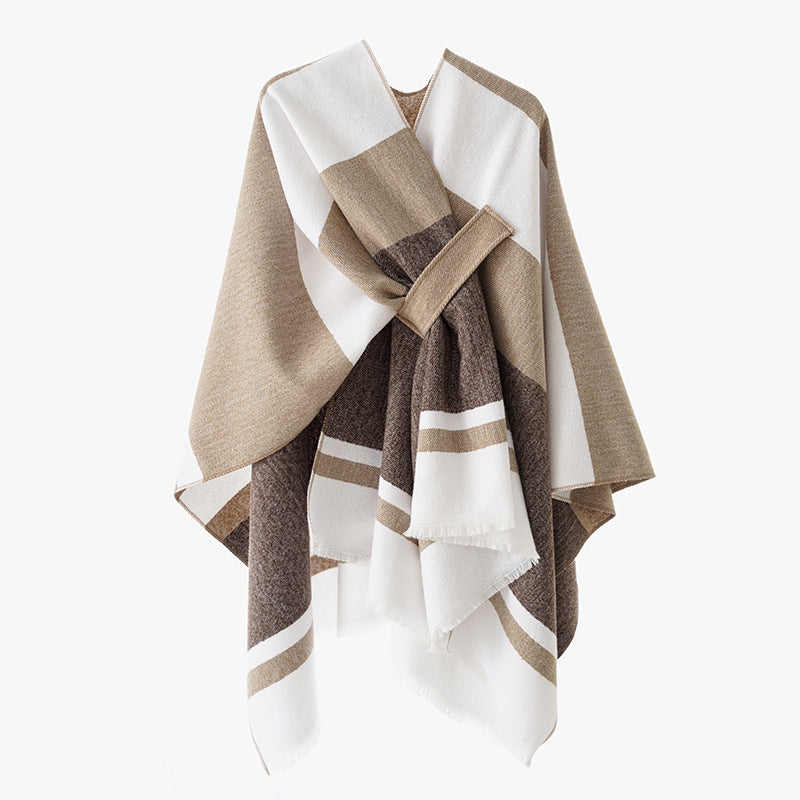 Damen Oversize-Capeponcho aus Wollmix mit Bindeschlaufe und Streifenbordüre Drune