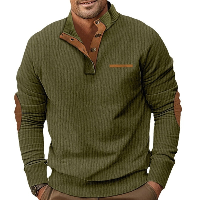 Herren nan strukturiertes Halbknopf-Stehkragen-Pullover mit Wildleder-Ellbogenpatches Drune