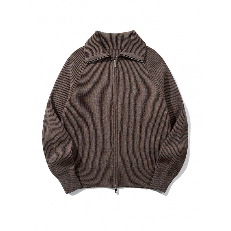 Unisex Grobgerippte Zip-Strickjacke mit Stehkragen, Raglanärmeln und Zwei-Wege-Reißverschluss Drune