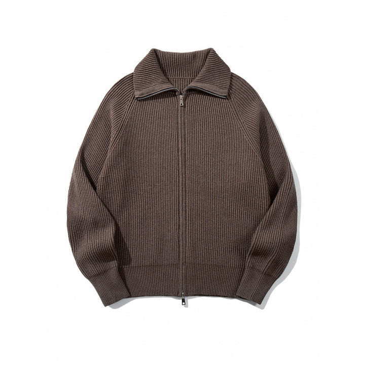 Unisex Grobgerippte Zip-Strickjacke mit Stehkragen, Raglanärmeln und Zwei-Wege-Reißverschluss Drune