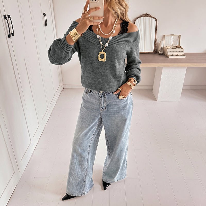 Damen Luftiger Pullover mit Off-Shoulder-Ausschnitt Drune