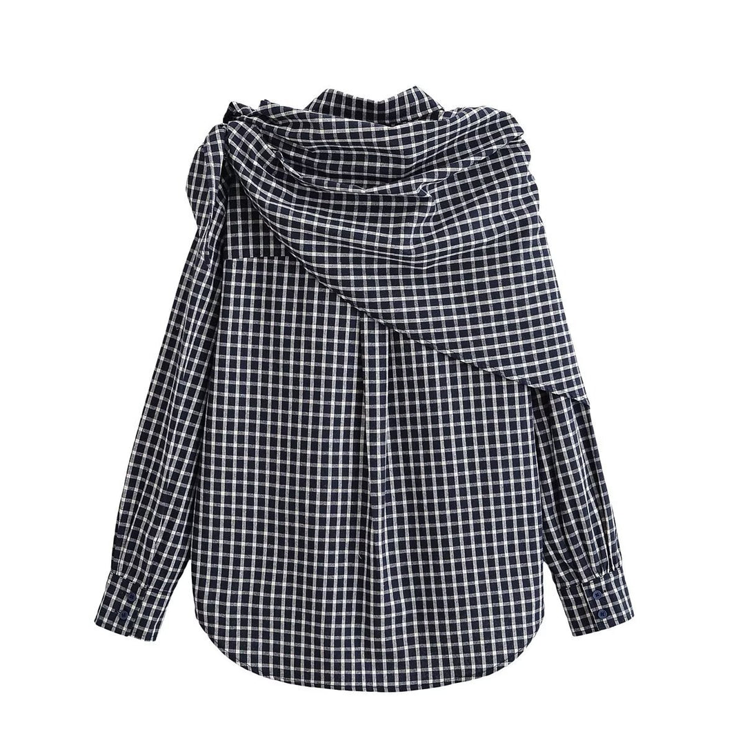 Damen Asymmetrische Karo-Hemdbluse mit integriertem Schal-Tuch und Knopfleiste Drune