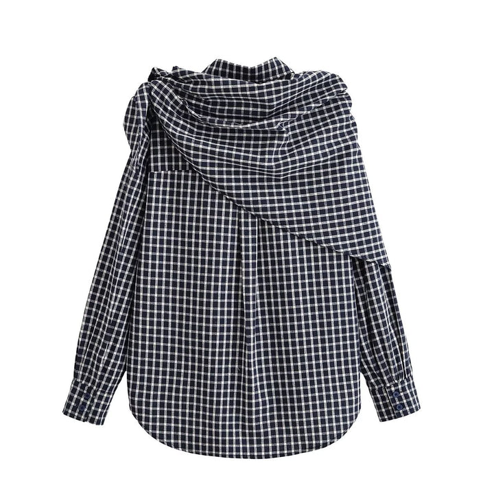 Damen Asymmetrische Karo-Hemdbluse mit integriertem Schal-Tuch und Knopfleiste Drune
