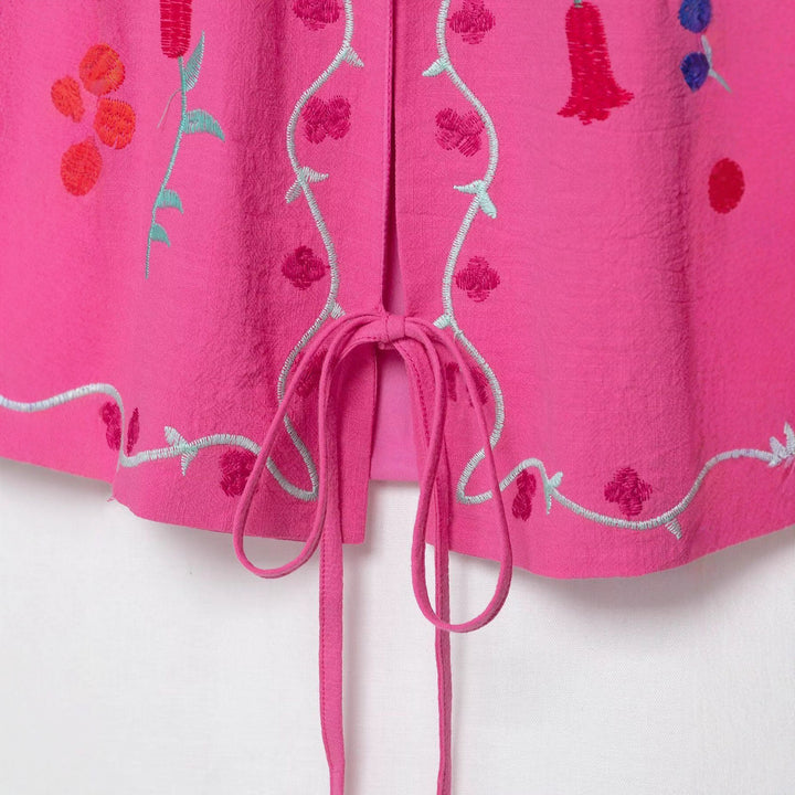Damen Bestickte Kimono-Jacke mit Bindeband und Blumenapplikation Drune