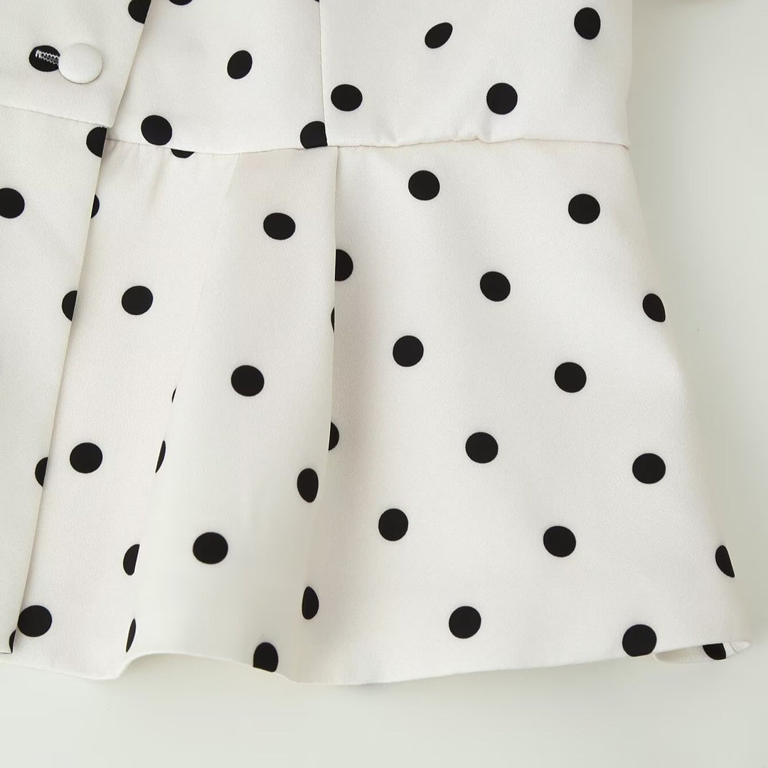 Damen Gepunktete Bluse mit Stehkragen, Puffärmeln und Peplum-Saum Drune