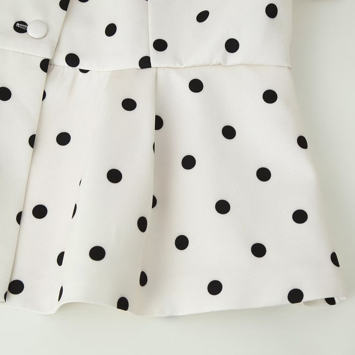 Damen Gepunktete Bluse mit Stehkragen, Puffärmeln und Peplum-Saum Drune