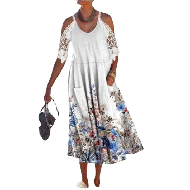 Damen nan fließendes Maxikleid mit Schulterausschnitten Häkelspitzenärmeln A‑Linien‑Schnitt und Eingrifftaschen Drune