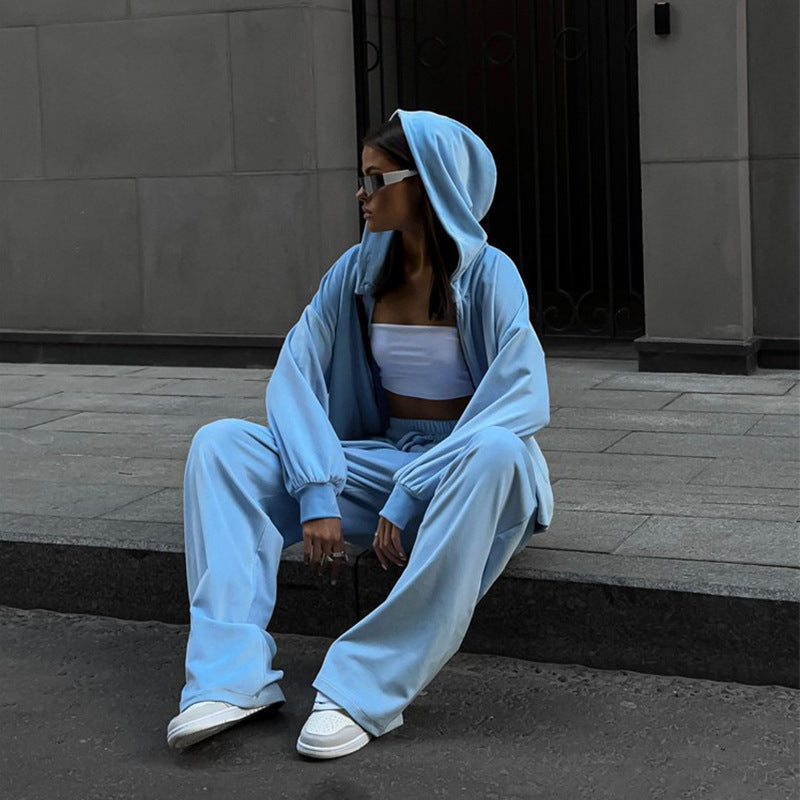 Damen kuscheliges Velours-Zweiteiler mit kurzem Reißverschluss-Hoodie, Tunnelzugbund und weitem Palazzo-Jogger Drune