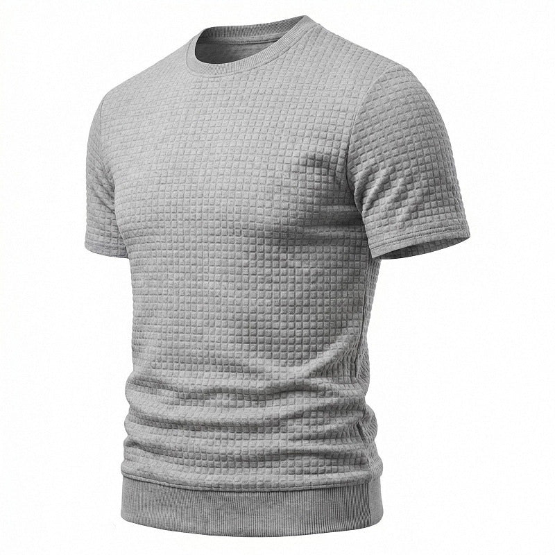 Herren nan kurzärmeliges Strickshirt mit geprägter Karostruktur, Rundhalsausschnitt und geripptem Saum Drune